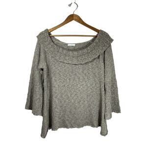 SAGA Sweater Gray Soft Popcorn Flutter Sleeve Raw Hem Lagenlook Boho Relaxed Fit